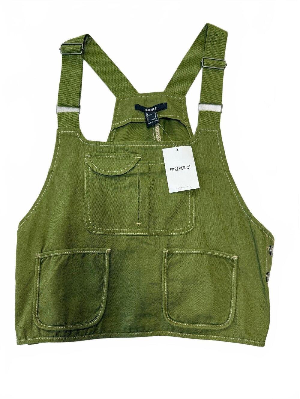 Forever 21 Olive Green Crop Overalls Vest Top Adjustable Straps Size Large